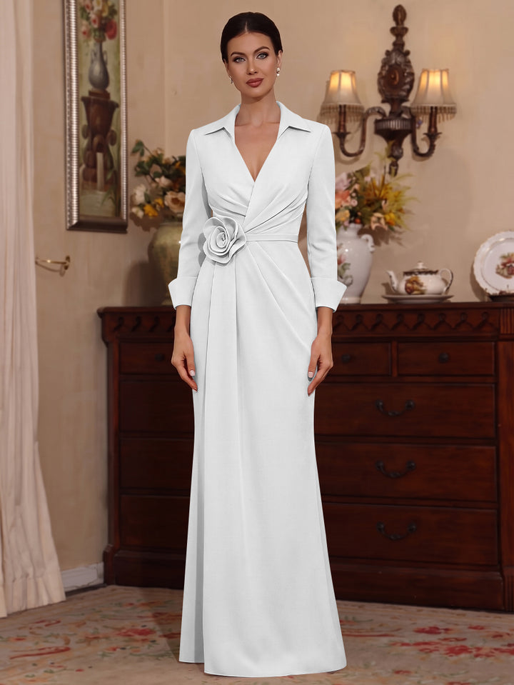 Sheath/Column V-Neck Stretch Satin Mother of the Bride Dresses with 3D Flower Floor-Length Floral 3/4 Sleeves