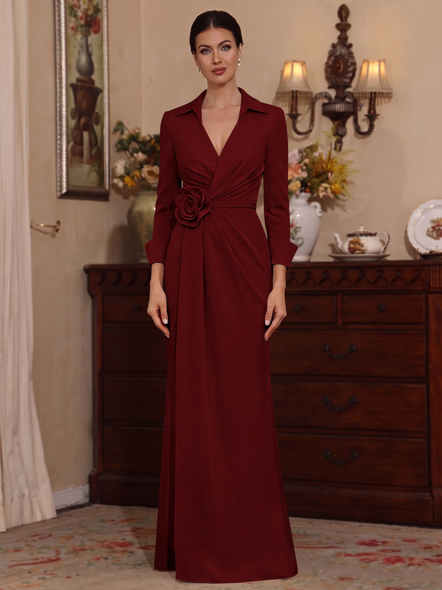 Sheath/Column V-Neck Stretch Satin Mother of the Bride Dresses with 3D Flower Floor-Length Floral 3/4 Sleeves