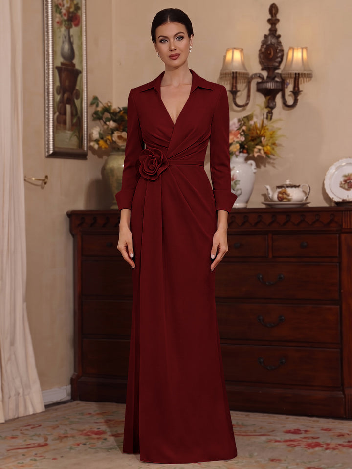 Sheath/Column V-Neck Stretch Satin Mother of the Bride Dresses with 3D Flower Floor-Length Floral 3/4 Sleeves
