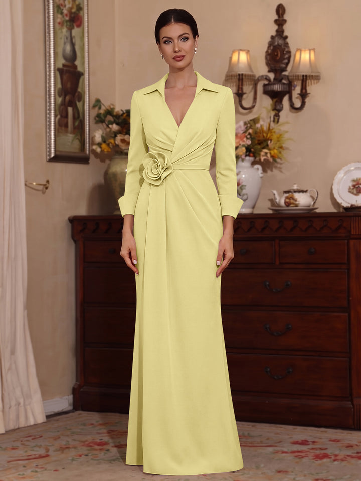 Sheath/Column V-Neck Stretch Satin Mother of the Bride Dresses with 3D Flower Floor-Length Floral 3/4 Sleeves