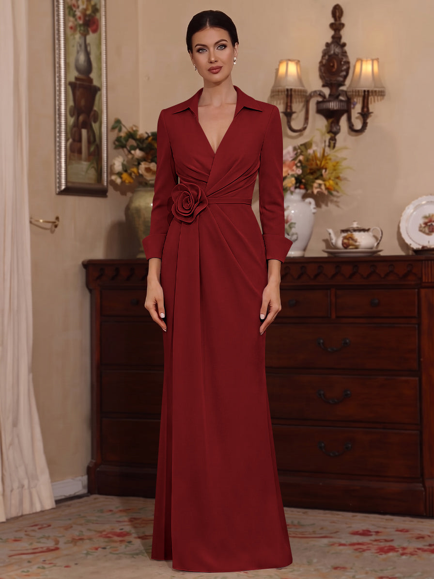 Sheath/Column V-Neck Stretch Satin Mother of the Bride Dresses with 3D Flower Floor-Length Floral 3/4 Sleeves