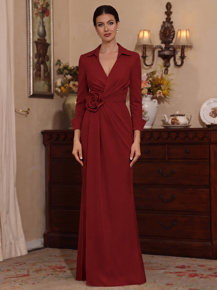 Sheath/Column V-Neck Stretch Satin Mother of the Bride Dresses with 3D Flower Floor-Length Floral 3/4 Sleeves