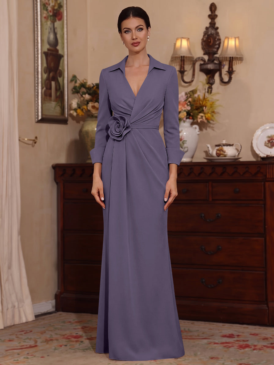 Sheath/Column V-Neck Stretch Satin Mother of the Bride Dresses with 3D Flower Floor-Length Floral 3/4 Sleeves