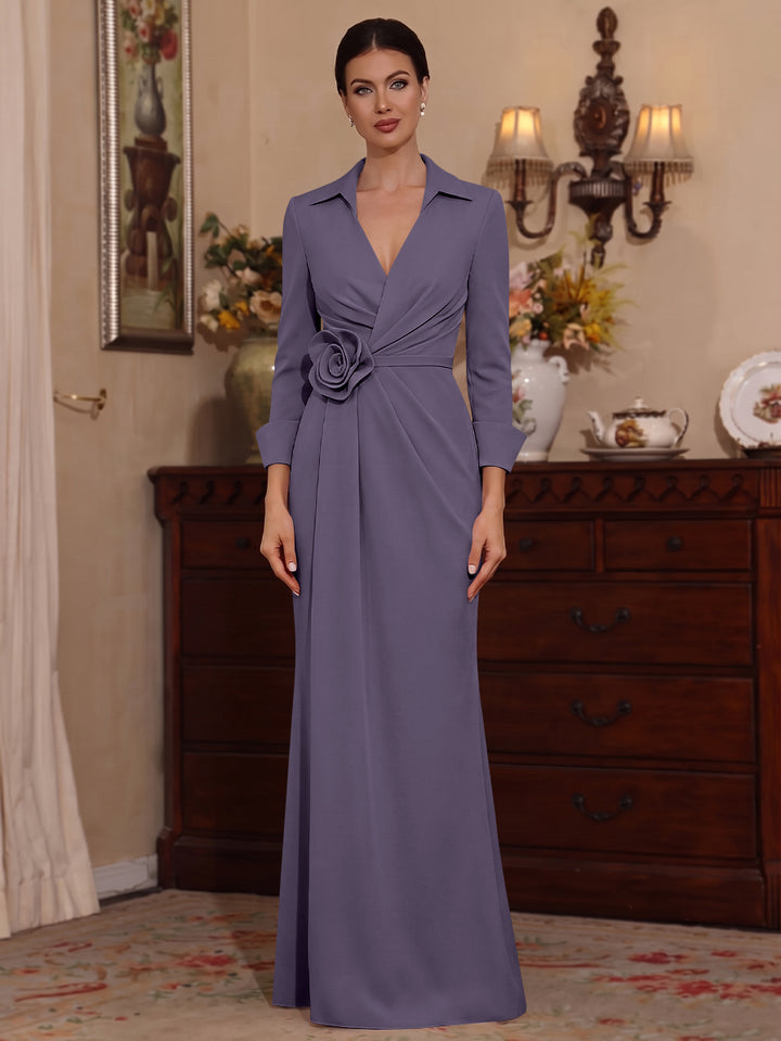 Sheath/Column V-Neck Stretch Satin Mother of the Bride Dresses with 3D Flower Floor-Length Floral 3/4 Sleeves