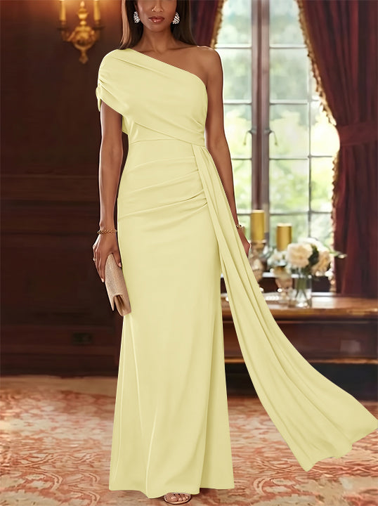 Sheath/Column One-Shoulder Chiffon Mother of the Bride Dresses with Watteau Train Floor-Length Sleeveless