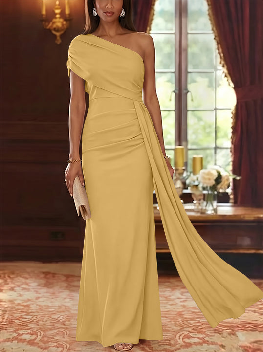 Sheath/Column One-Shoulder Chiffon Mother of the Bride Dresses with Watteau Train Floor-Length Sleeveless