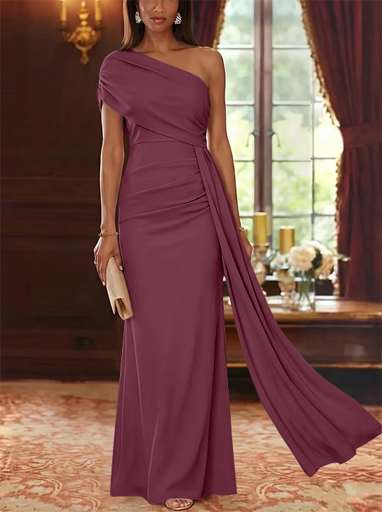 Sheath/Column One-Shoulder Chiffon Mother of the Bride Dresses with Watteau Train Floor-Length Sleeveless