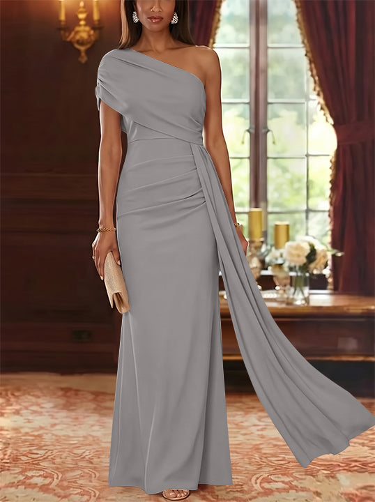 Sheath/Column One-Shoulder Chiffon Mother of the Bride Dresses with Watteau Train Floor-Length Sleeveless