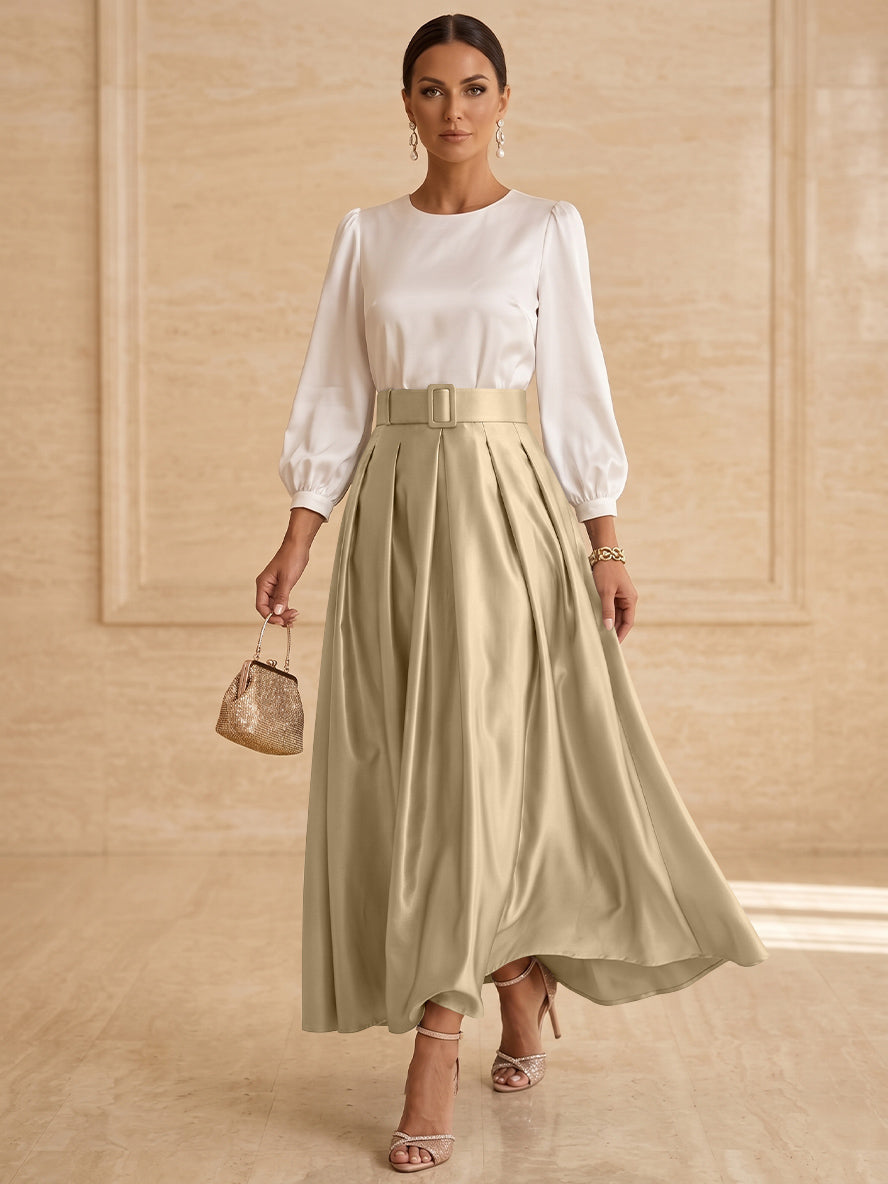 A-Line/Princess Scoop Taffeta Mother of the Bride Dresses Long Sleeves Ankle-Length Pleated