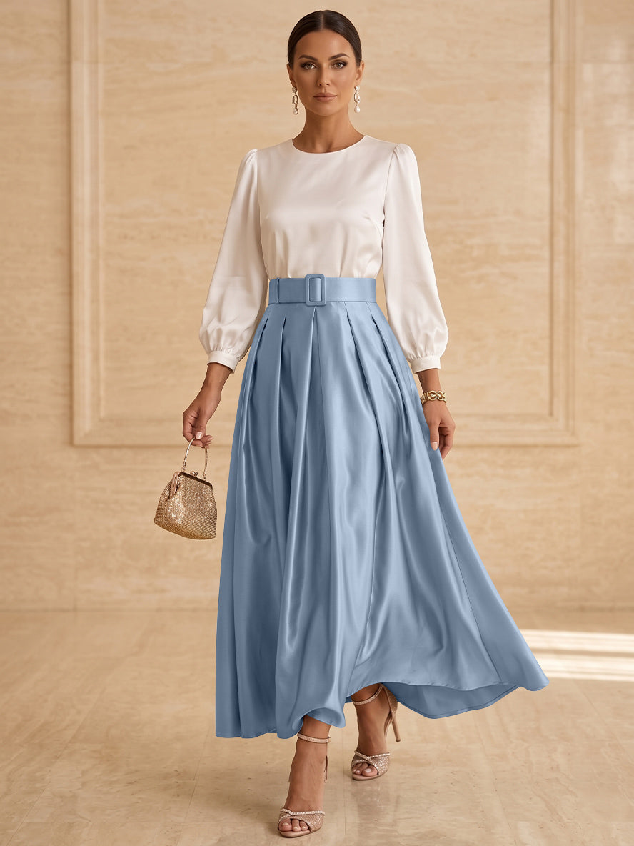 A-Line/Princess Scoop Taffeta Mother of the Bride Dresses Long Sleeves Ankle-Length Pleated