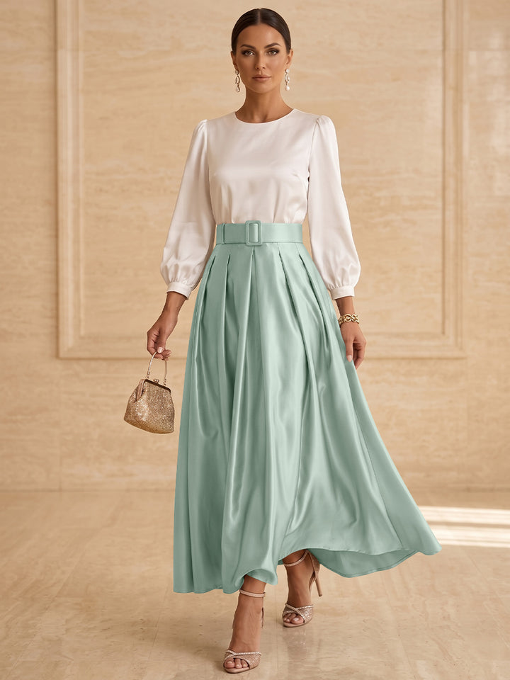 A-Line/Princess Scoop Taffeta Mother of the Bride Dresses Long Sleeves Ankle-Length Pleated