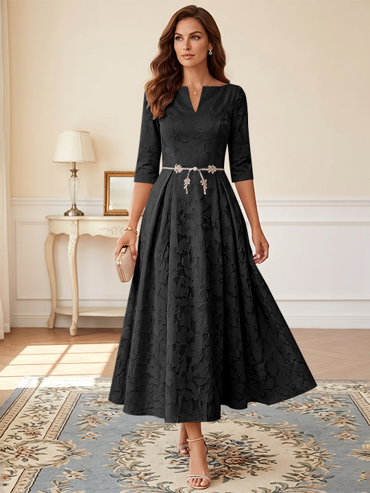 A-Line/Princess V-Neck Floral Burnout Mother of the Bride Dresses Tea-Length 3/4 Sleeves Belt