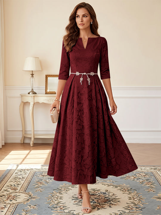 A-Line/Princess V-Neck Floral Burnout Plus Size Mother of the Bride Dresses Tea-Length 3/4 Sleeves Belt