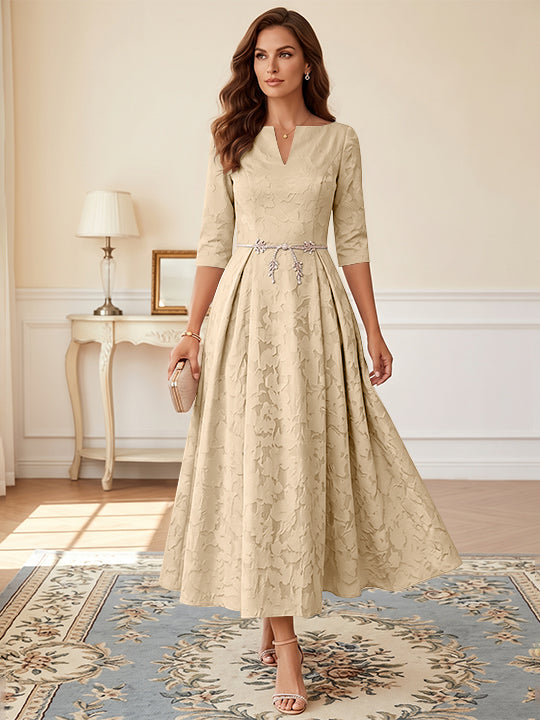 A-Line/Princess V-Neck Floral Burnout Plus Size Mother of the Bride Dresses Tea-Length 3/4 Sleeves Belt