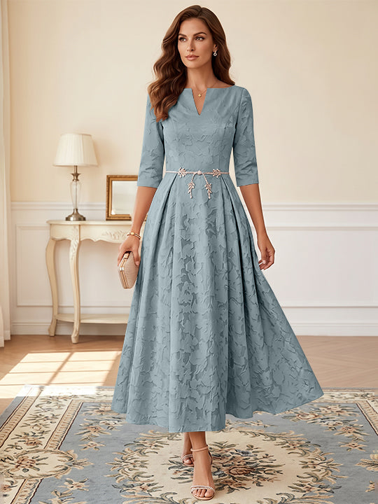 A-Line/Princess V-Neck Floral Burnout Plus Size Mother of the Bride Dresses Tea-Length 3/4 Sleeves Belt