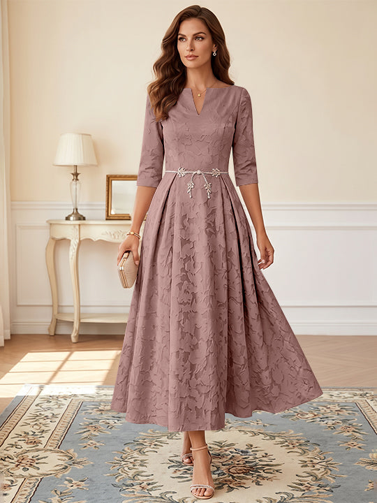 A-Line/Princess V-Neck Floral Burnout Mother of the Bride Dresses Tea-Length 3/4 Sleeves Belt