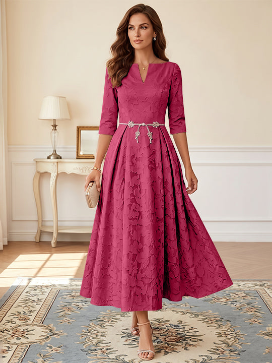A-Line/Princess V-Neck Floral Burnout Plus Size Mother of the Bride Dresses Tea-Length 3/4 Sleeves Belt