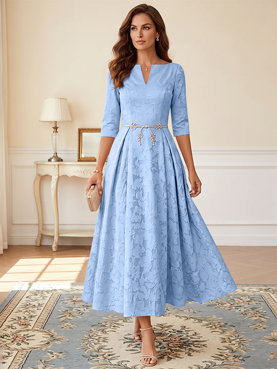 A-Line/Princess V-Neck Floral Burnout Plus Size Mother of the Bride Dresses Tea-Length 3/4 Sleeves Belt