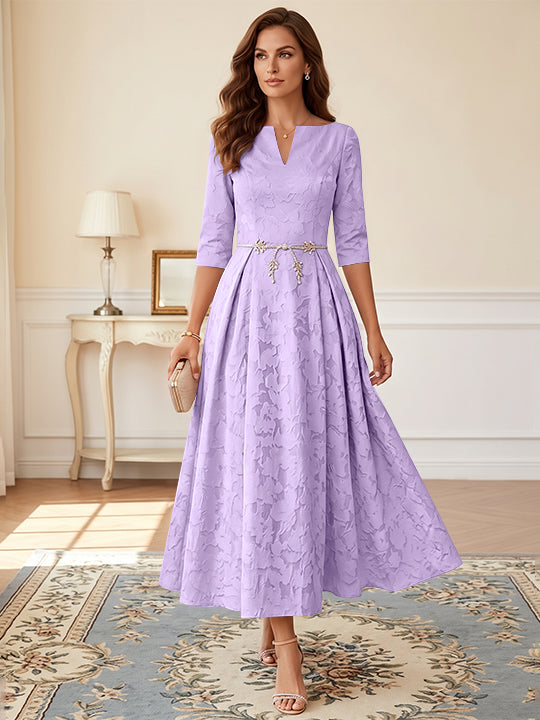 A-Line/Princess V-Neck Floral Burnout Plus Size Mother of the Bride Dresses Tea-Length 3/4 Sleeves Belt