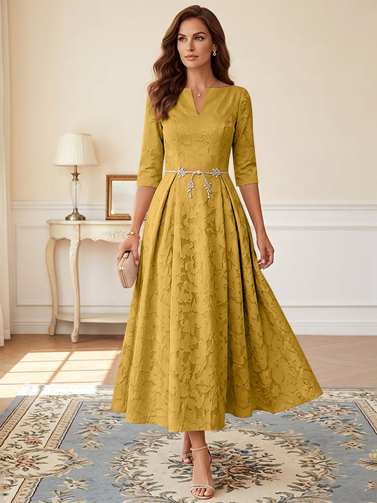 A-Line/Princess V-Neck Floral Burnout Mother of the Bride Dresses Tea-Length 3/4 Sleeves Belt