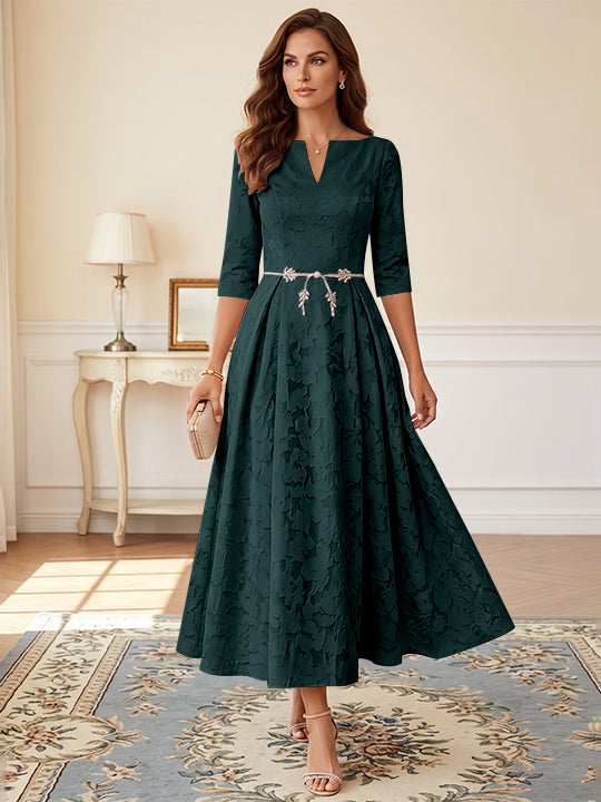 A-Line/Princess V-Neck Floral Burnout Mother of the Bride Dresses Tea-Length 3/4 Sleeves Belt