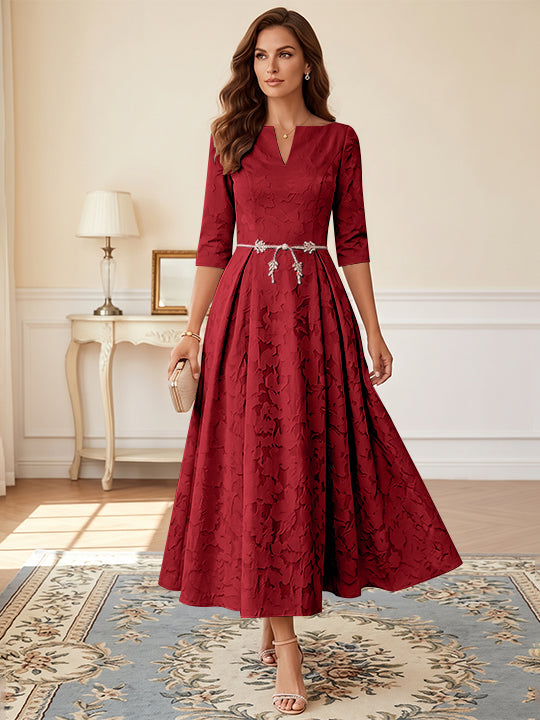 A-Line/Princess V-Neck Floral Burnout Mother of the Bride Dresses Tea-Length 3/4 Sleeves Belt