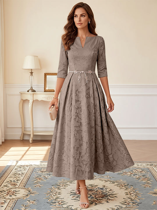 A-Line/Princess V-Neck Floral Burnout Mother of the Bride Dresses Tea-Length 3/4 Sleeves Belt