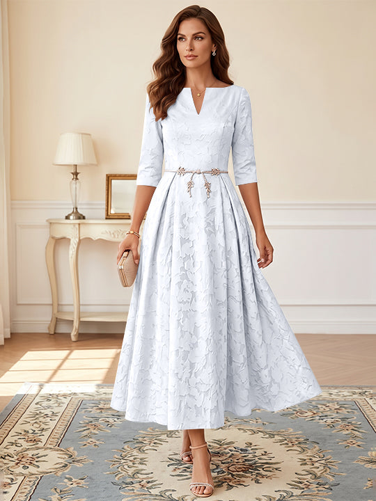 A-Line/Princess V-Neck Floral Burnout Mother of the Bride Dresses Tea-Length 3/4 Sleeves Belt
