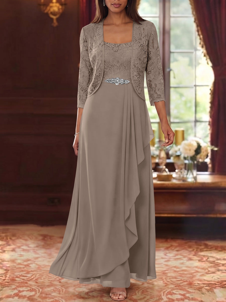 A-Line/Princess Square Collar Chiffon Mother of the Bride Dresses with Jacket Lace Ankle-Length 3/4 Sleeves