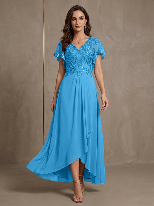 A-Line/Princess V-Neck Chiffon Mother of the Bride Dresses Asymmetrical Ankle-Length Lace Sequins Short Sleeves