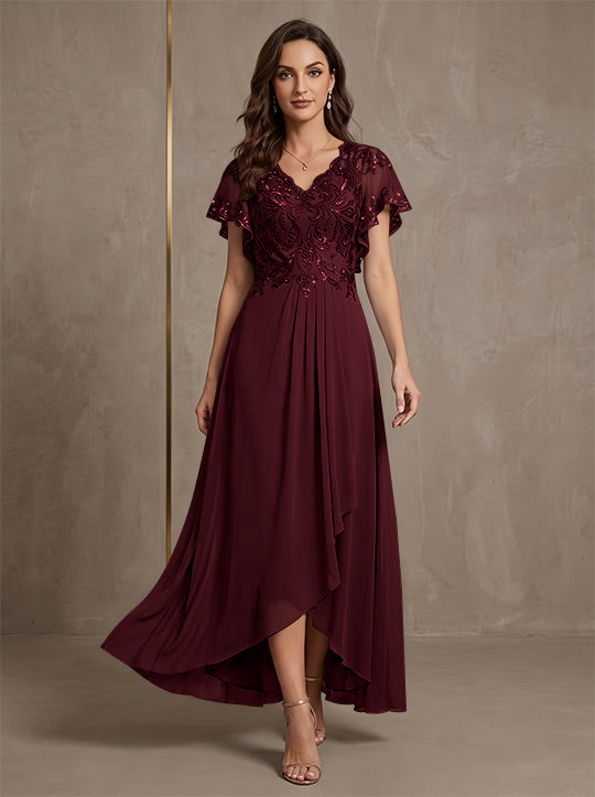 A-Line/Princess V-Neck Chiffon Mother of the Bride Dresses Asymmetrical Ankle-Length Lace Sequins Short Sleeves