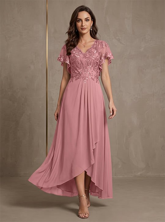 A-Line/Princess V-Neck Chiffon Mother of the Bride Dresses Asymmetrical Ankle-Length Lace Sequins Short Sleeves