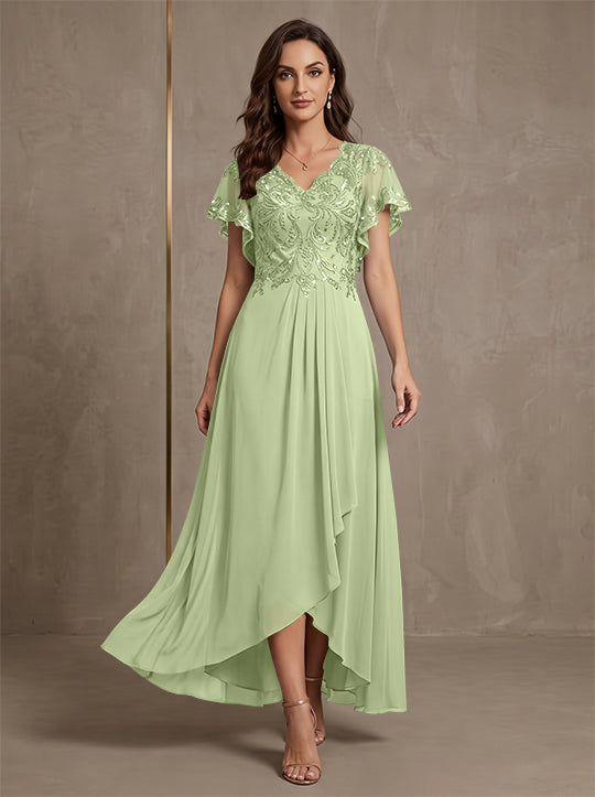 A-Line/Princess V-Neck Chiffon Mother of the Bride Dresses Asymmetrical Ankle-Length Lace Sequins Short Sleeves