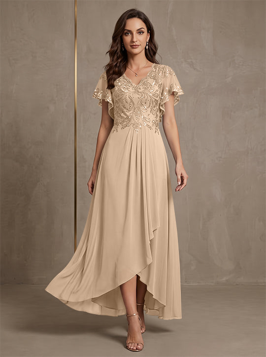 A-Line/Princess V-Neck Chiffon Mother of the Bride Dresses Asymmetrical Ankle-Length Lace Sequins Short Sleeves