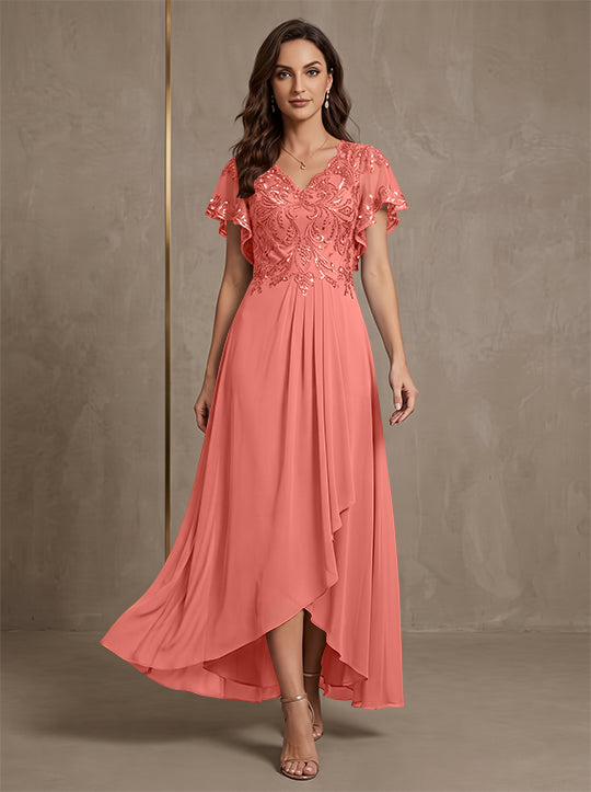 A-Line/Princess V-Neck Chiffon Mother of the Bride Dresses Asymmetrical Ankle-Length Lace Sequins Short Sleeves