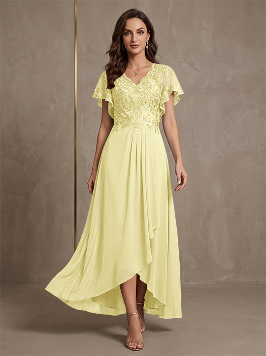 A-Line/Princess V-Neck Chiffon Mother of the Bride Dresses Asymmetrical Ankle-Length Lace Sequins Short Sleeves