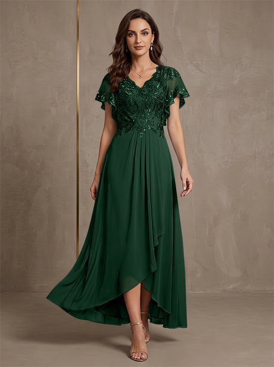 A-Line/Princess V-Neck Chiffon Mother of the Bride Dresses Asymmetrical Ankle-Length Lace Sequins Short Sleeves