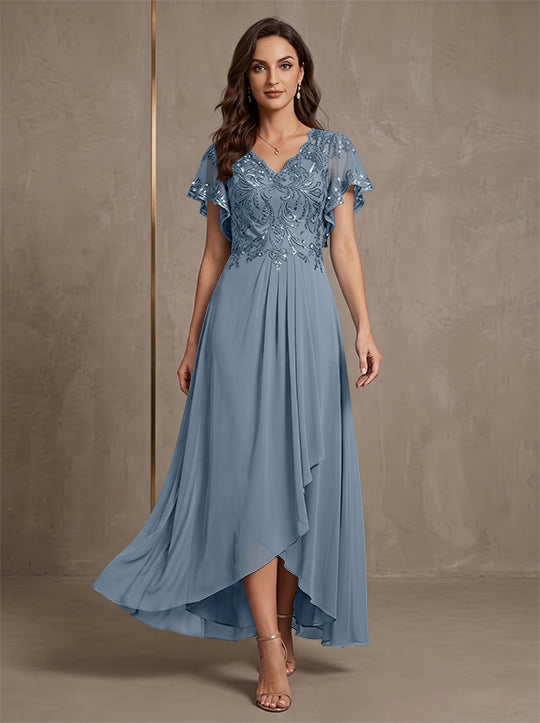 A-Line/Princess V-Neck Chiffon Mother of the Bride Dresses Asymmetrical Ankle-Length Lace Sequins Short Sleeves