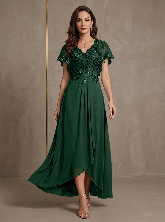 A-Line/Princess V-Neck Chiffon Mother of the Bride Dresses Asymmetrical Ankle-Length Lace Sequins Short Sleeves