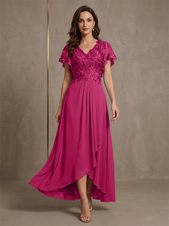 A-Line/Princess V-Neck Chiffon Mother of the Bride Dresses Asymmetrical Ankle-Length Lace Sequins Short Sleeves