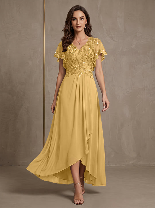 A-Line/Princess V-Neck Chiffon Mother of the Bride Dresses Asymmetrical Ankle-Length Lace Sequins Short Sleeves