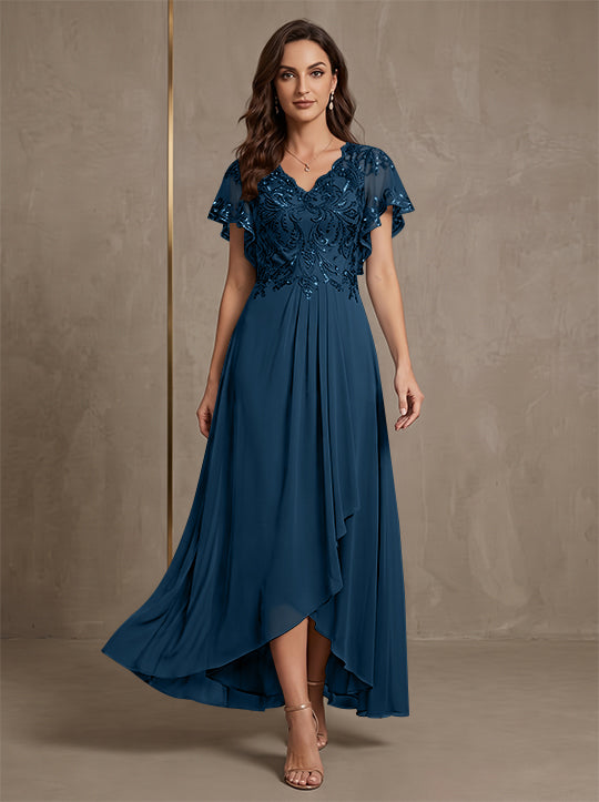 A-Line/Princess V-Neck Chiffon Mother of the Bride Dresses Asymmetrical Ankle-Length Lace Sequins Short Sleeves