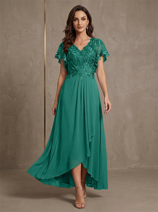 A-Line/Princess V-Neck Chiffon Mother of the Bride Dresses Asymmetrical Ankle-Length Lace Sequins Short Sleeves