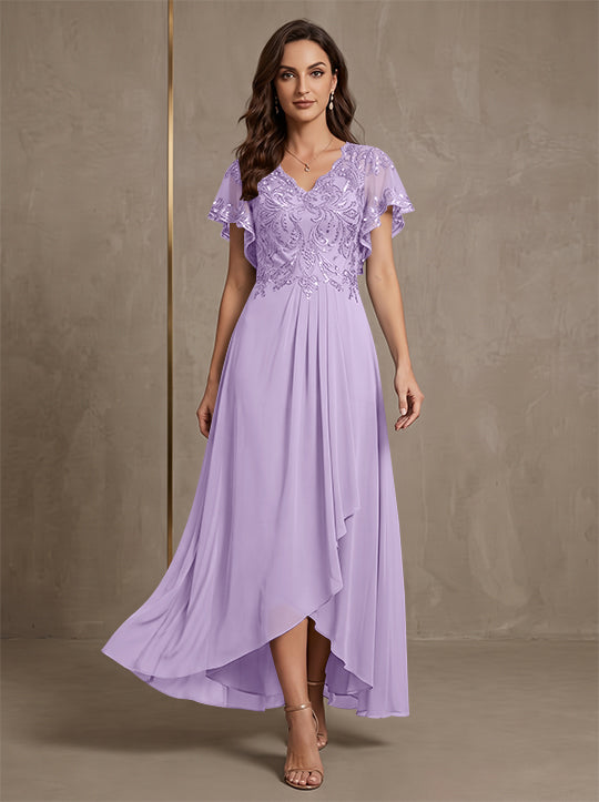 A-Line/Princess V-Neck Chiffon Mother of the Bride Dresses Asymmetrical Ankle-Length Lace Sequins Short Sleeves