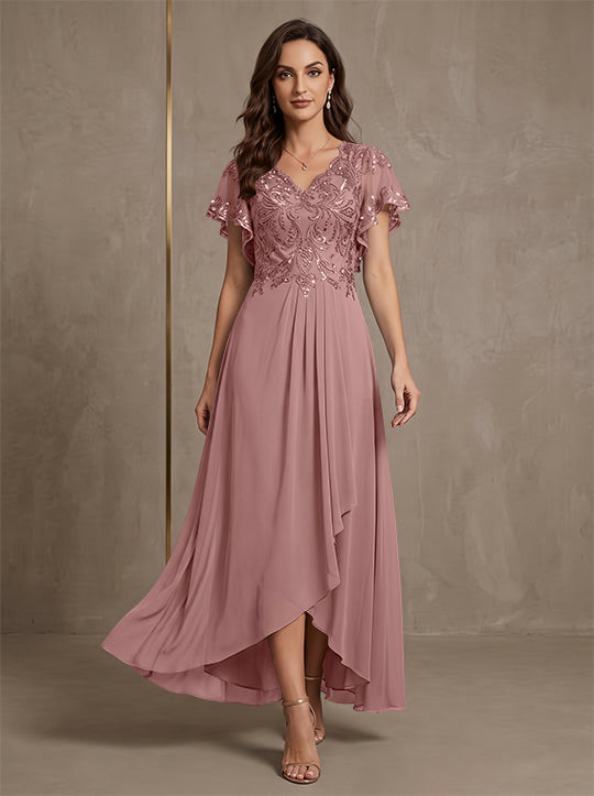 A-Line/Princess V-Neck Chiffon Mother of the Bride Dresses Asymmetrical Ankle-Length Lace Sequins Short Sleeves