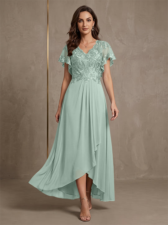 A-Line/Princess V-Neck Chiffon Mother of the Bride Dresses Asymmetrical Ankle-Length Lace Sequins Short Sleeves