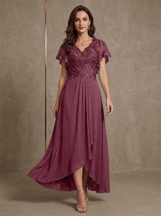 A-Line/Princess V-Neck Chiffon Mother of the Bride Dresses Asymmetrical Ankle-Length Lace Sequins Short Sleeves
