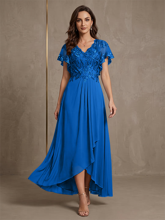 A-Line/Princess V-Neck Chiffon Mother of the Bride Dresses Asymmetrical Ankle-Length Lace Sequins Short Sleeves