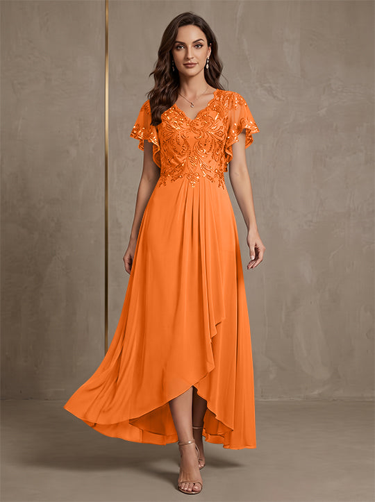 A-Line/Princess V-Neck Chiffon Mother of the Bride Dresses Asymmetrical Ankle-Length Lace Sequins Short Sleeves