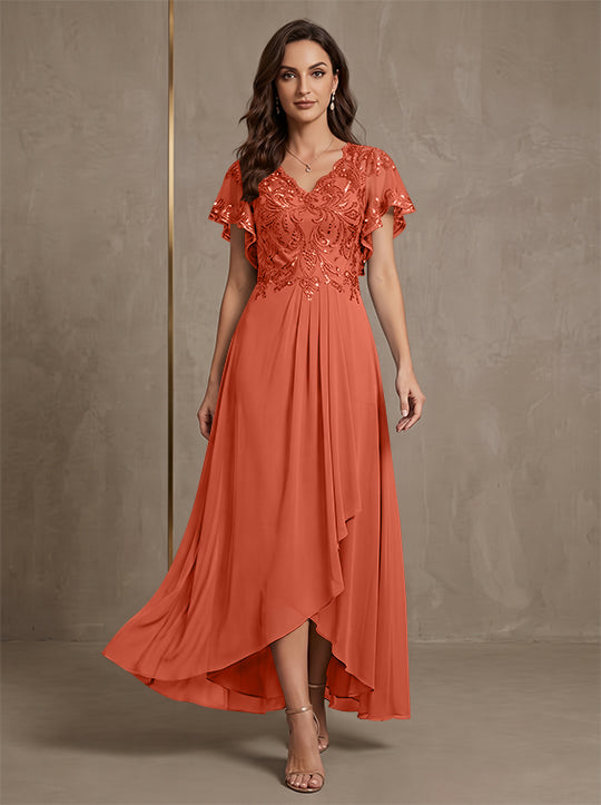 A-Line/Princess V-Neck Chiffon Mother of the Bride Dresses Asymmetrical Ankle-Length Lace Sequins Short Sleeves